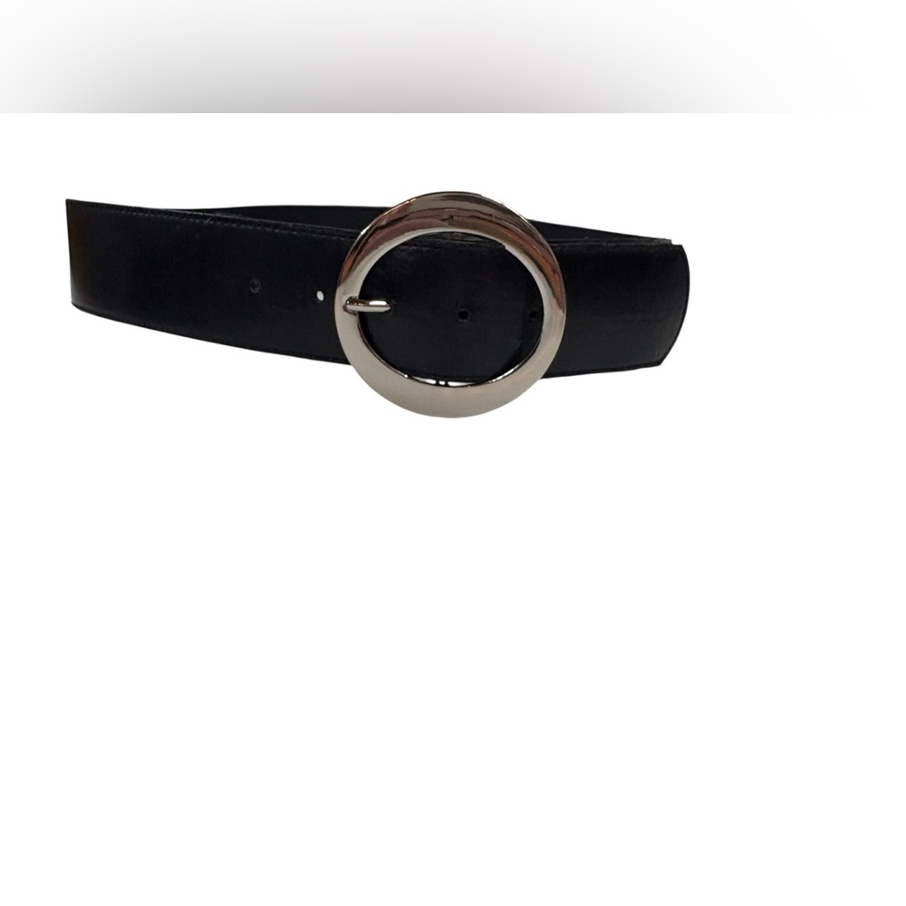 Women's Black Leather Belt with Silver Round Buckle